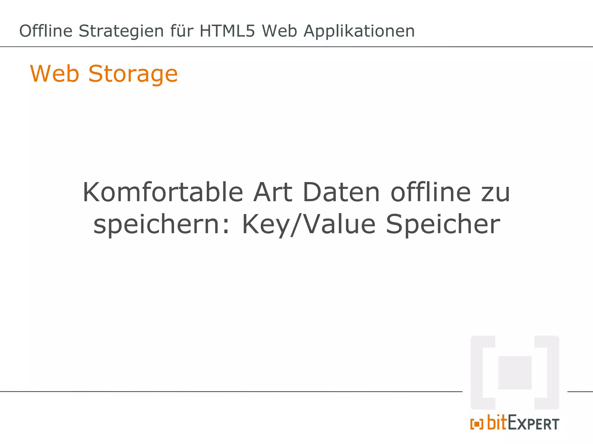 Offline Strategien für HTML5 Web Applikationen

 Web Storage




       Komfortable Art Daten offline zu
        speichern: Key/Value Speicher
 