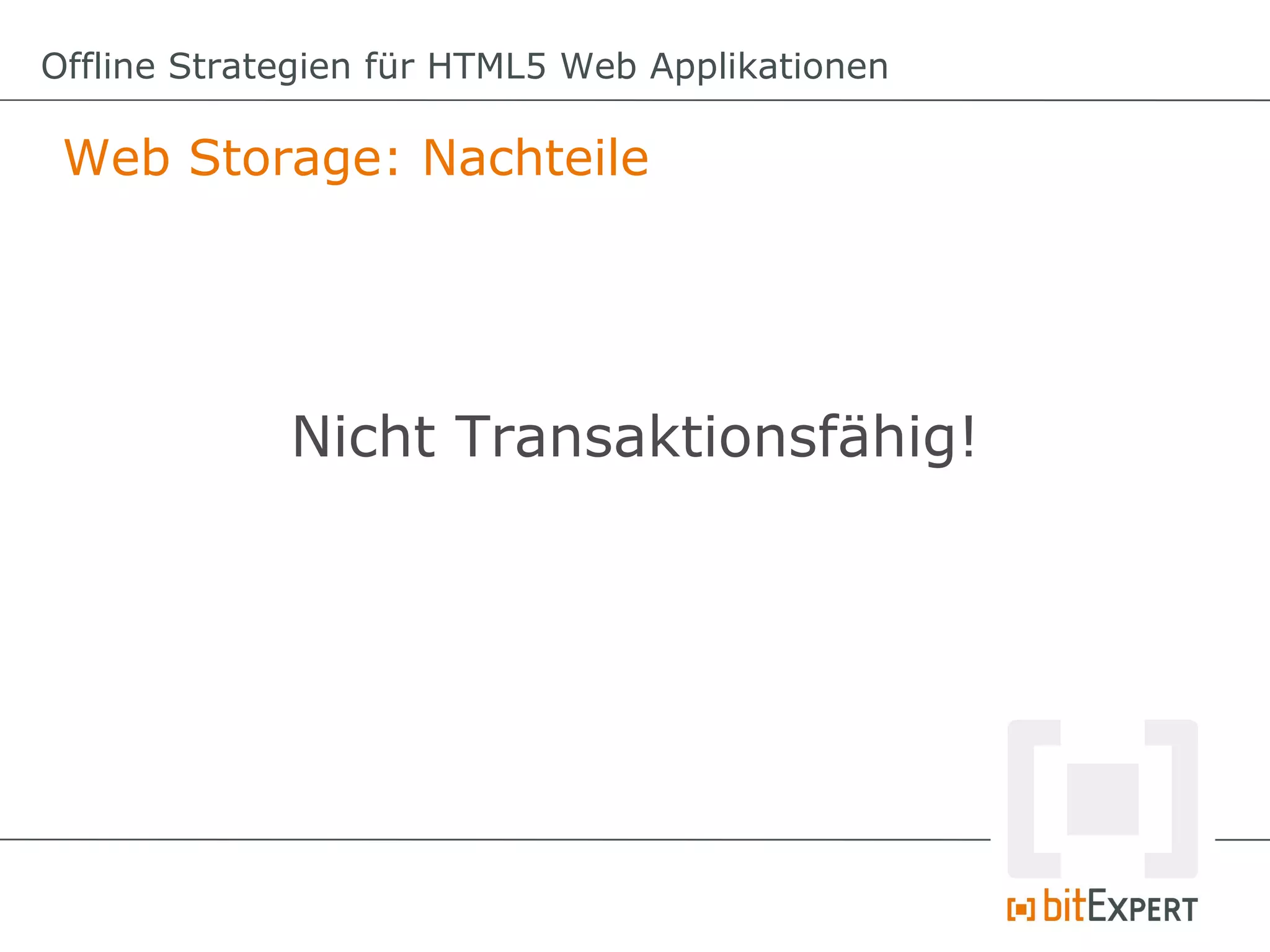 Offline Strategien für HTML5 Web Applikationen

 Web Storage: Nachteile




             Nicht Transaktionsfähig!
 