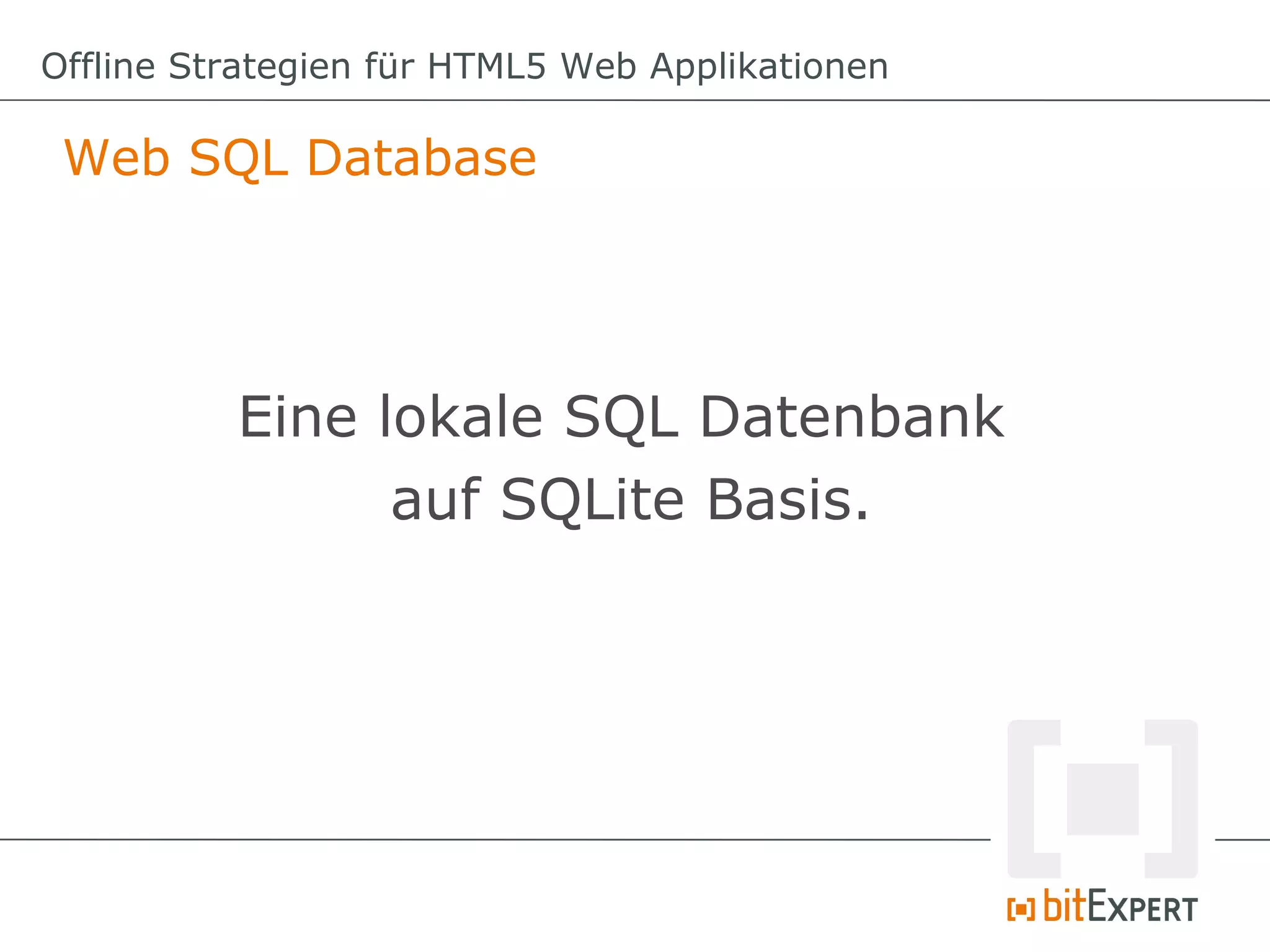 Offline Strategien für HTML5 Web Applikationen

 Web SQL Database




          Eine lokale SQL Datenbank
                auf SQLite Basis.
 