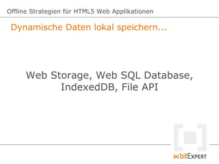 Offline Strategien für HTML5 Web Applikationen

 Dynamische Daten lokal speichern...




     Web Storage, Web SQL Database,
           IndexedDB, File API
 