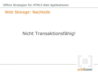 Offline Strategien für HTML5 Web Applikationen

 Web Storage: Nachteile




             Nicht Transaktionsfähig!
 