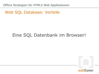 Offline Strategien für HTML5 Web Applikationen

 Web SQL Database: Vorteile




      Eine SQL Datenbank im Browser!
 