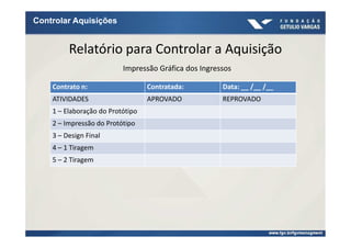 Controlar Aquisições


         Relatório para Controlar a Aquisição
                          Impressão Gráfica dos Ingressos

    Contrato n:                   Contratada:         Data: __ /__ /__
    ATIVIDADES                    APROVADO            REPROVADO
    1 – Elaboração do Protótipo
    2 – Impressão do Protótipo
    3 – Design Final
    4 – 1 Tiragem
    5 – 2 Tiragem
 