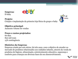 Empresa:
E-baby
                                                                   E-Baby
Projeto:
Criação e implantação da primeira loja física do grupo e-baby

Objetivo principal:
Aumento volume de vendas

Prazo e custos projetados:
60 dias
820 mil reais
15% contingência

Histórico da Empresa:
Empresa criada por seis sócios, há três anos, com o objetivo de atender ao
mercado de produtos relacionados aos cuidados infantis, através da venda de
produtos de higiene, alimentação, entretenimento educativo, segurança e
conforto para crianças em diversas fases do seu desenvolvimento.
 