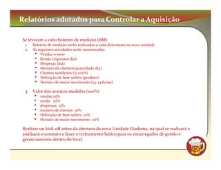 Relatórios adotados para Controlar a Aquisição

Se levaram a cabo boletim de medição (BM)
 1.   Boletins de medição serão realizadas a cada dois meses na nova unidade
 2.   As seguintes atividades serão monitoradas:
       • Vendas 0-1000
       • Renda (ingressos dia)
       • Despesas (dia)
       • Número de clientes(quantidade dia)
       • Clientes satisfeitos (0-100%)
       • Definição de best-sellers (produto)
       • Horário de maior movimento (14-24 horas)
 3. Valor dos avancos medidos (100%)
      •   vendas 25%
      •   renda 20%
      •   despessas 15%
      •   numero de clientes 10%
      •   Definição de best-sellers 10%
      •   Horário de maior movimento 20%

Realizar un kick-off antes da abertura da nova Unidade Diadema, na qual se realizará e
analisará o contrato e fazer o treinamento básico para os encarregados de gestão e
gerenciamento dentro do local.
                                                                                         CM
 