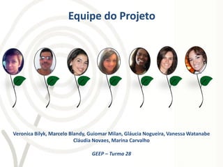 Equipe do Projeto




Veronica Bilyk, Marcelo Blandy, Guiomar Milan, Gláucia Nogueira, Vanessa Watanabe
                          Cláudia Novaes, Marina Carvalho

                                GEEP – Turma 28
 