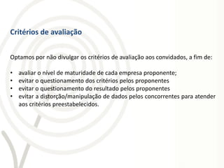 Critérios de avaliação


Optamos por não divulgar os critérios de avaliação aos convidados, a fim de:

•   avaliar o nível de maturidade de cada empresa proponente;
•   evitar o questionamento dos critérios pelos proponentes
•   evitar o questionamento do resultado pelos proponentes
•   evitar a distorção/manipulação de dados pelos concorrentes para atender
    aos critérios preestabelecidos.
 