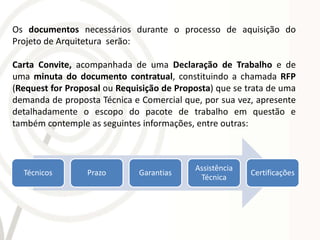 Os documentos necessários durante o processo de aquisição do
Projeto de Arquitetura serão:

Carta Convite, acompanhada de uma Declaração de Trabalho e de
uma minuta do documento contratual, constituindo a chamada RFP
(Request for Proposal ou Requisição de Proposta) que se trata de uma
demanda de proposta Técnica e Comercial que, por sua vez, apresente
detalhadamente o escopo do pacote de trabalho em questão e
também contemple as seguintes informações, entre outras:



                                           Assistência
  Técnicos       Prazo        Garantias                  Certificações
                                            Técnica
 