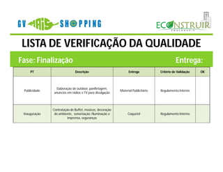 LISTA DE VERIFICAÇÃO DA QUALIDADE
Fase: Finalização                                                                            Entrega:
     PT                       Descrição                          Entrega           Critério de Validação   OK



                Elaboração de outdoor, panfletagem,
 Publicidade                                               Material Publicitário   Regulamento Interno
               anúncios em rádios e TV para divulgação




               Contratação de Buffet, músicos, decoração
 Inauguração    do ambiente, sonorização /iluminação e          Coquetel           Regulamento Interno
                         imprensa, seguranças
 