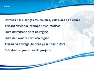 Riscos




- Atrasos nas Licenças Municipais, Estaduais e Federais
-Atrasos devido a intempéries climáticas
-Falta de mão de obra na região
-Falta de Fornecedores na região
-Atraso na entrega da obra pela Construtora
-Retrabalhos por erros de projeto
 