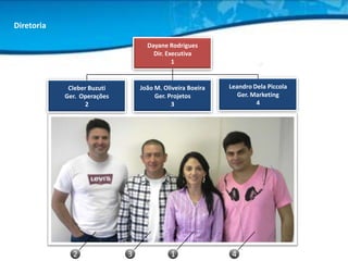 Diretoria

                                   Dayane Rodrigues
                                     Dir. Executiva
                                            1


             Cleber Buzuti       João M. Oliveira Boeira   Leandro Dela Piccola
            Ger. Operações            Ger. Projetos           Ger. Marketing
                  2                         3                       4




              2              3             1                4
 