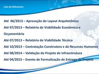 Lista de Milestones




Até 06/2013 – Aprovação do Layout Arquitetônico
Até 07/2013 – Relatório de Viabilidade Econômica e
Orçamentária
Até 07/2013 – Relatório de Viabilidade Técnica
Até 10/2013 – Contratação Construtora e de Recursos Humanos
Até 08/2014 – Validação do Projeto de Infraestrutura
Até 04/2015 – Evento de Formalização de Entrega do Projeto
 