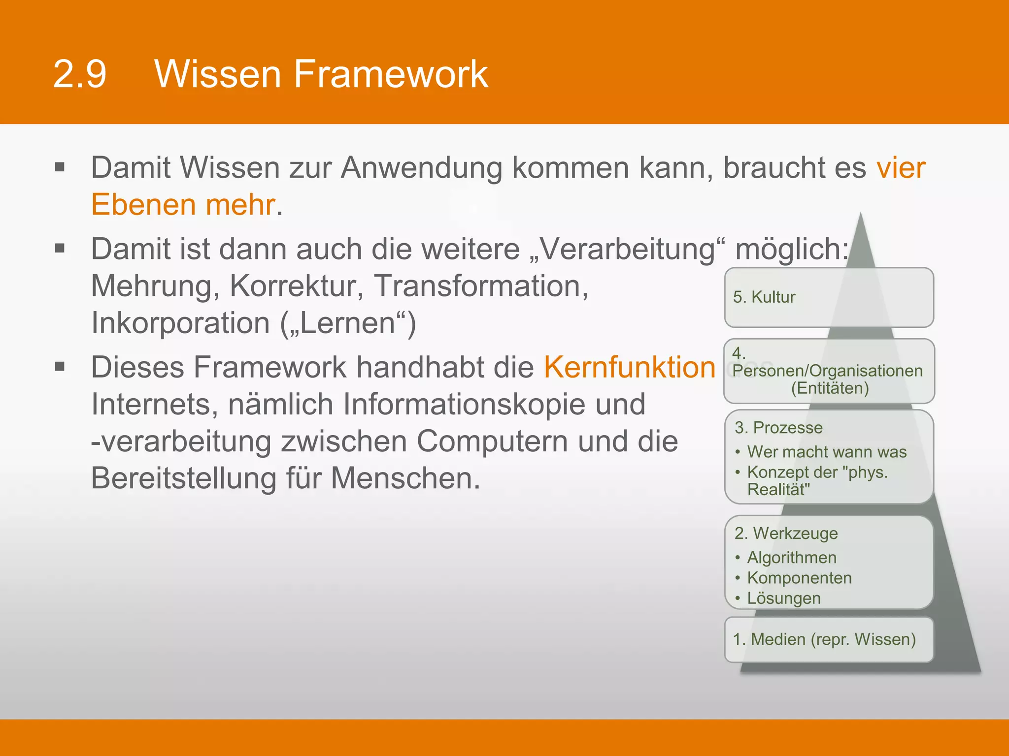 2.9      Wissen Framework

§  Damit Wissen zur Anwendung kommen kann, braucht es vier Ebenen mehr.
§  Damit ist dann auch die weitere „Verarbeitung“ möglich:
    Mehrung, Korrektur, Transformation,
    Inkorporation („Lernen“)                             5. Kultur

§  Dieses Framework handhabt die Kernfunktion des
    Internets, nämlich Informationskopie und             4. Personen/Organisationen
                                                                   (Entitäten)
    -verarbeitung zwischen Computern und die
                                                          3. Prozesse
    Bereitstellung für Menschen.                          • Wer macht wann was
                                                              • Konzept der "phys.
                                                                Realität"

                                                              2. Werkzeuge
                                                              • Algorithmen
                                                              • Komponenten
                                                              • Lösungen

                                                              1. Medien (repr. Wissen)
 