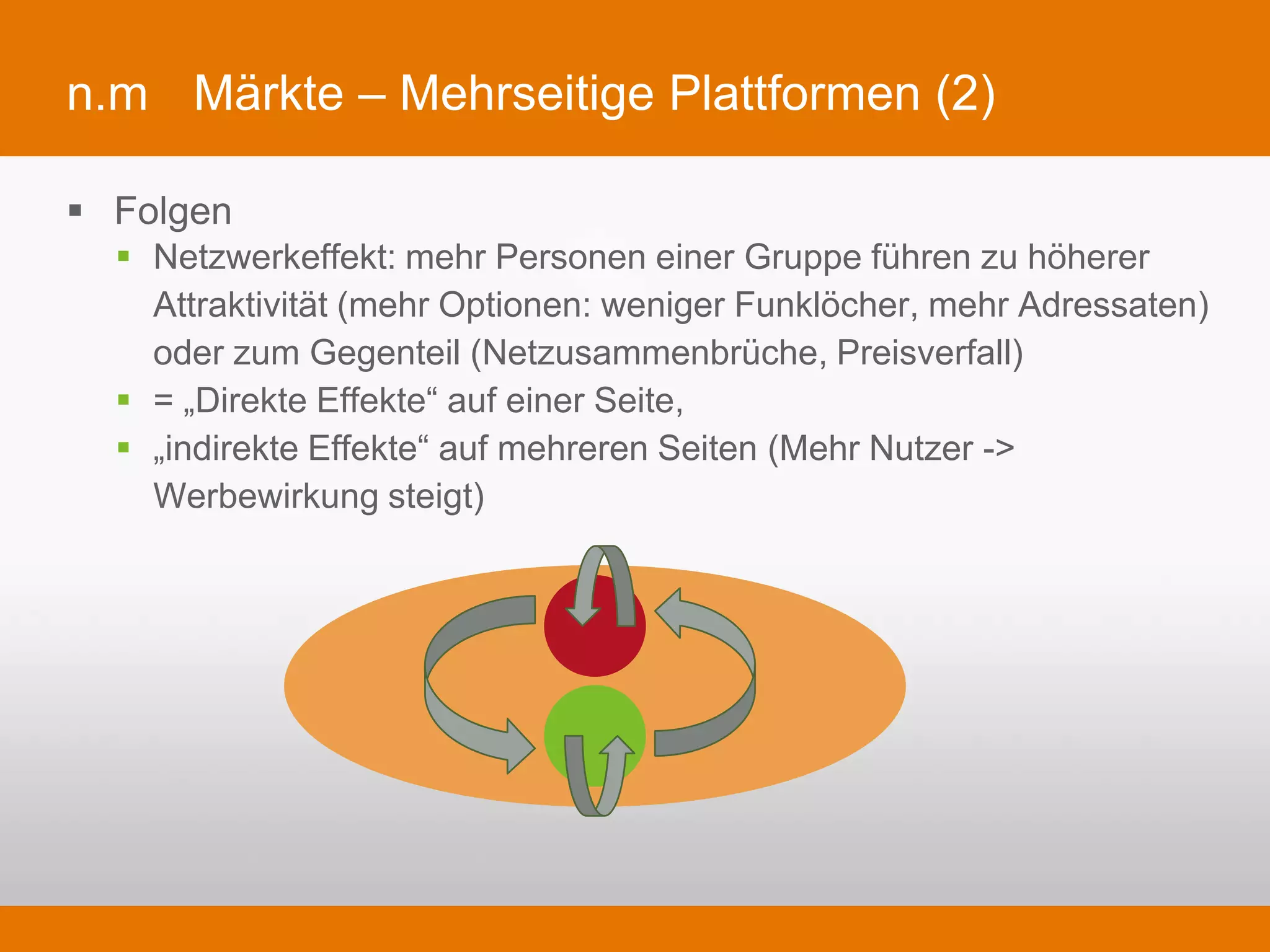 n.m      Märkte – Mehrseitige Plattformen (2)

§  Folgen
   §  Netzwerkeffekt: mehr Personen einer Gruppe führen zu höherer Attraktivität (mehr
       Optionen: weniger Funklöcher, mehr Adressaten) oder zum Gegenteil
       (Netzusammenbrüche, Preisverfall)
   §  = „Direkte Effekte“ auf einer Seite,
   §  „indirekte Effekte“ auf mehreren Seiten (Mehr Nutzer -> Werbewirkung steigt)
 