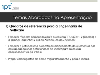 Temas Abordados na Apresentação
1) Quadros de referência para a Engenharia de
   Software
• Fornecer modelos apropriados para as colunas 1 (O quê?), 2 (Como?) e
  3 (Onde?)das linhas 2 e 3 do Arcabouço de Zackman;

• Fornecer e justificar uma proposta de mapeamento dos elementos das
  células das colunas data funções da linha 2 para as células
  correspondentes da linha 3;

• Propor uma sugestão de como migrar RN da linha 2 para a linha 3.
 