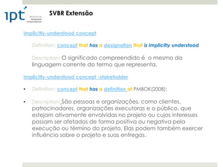 SVBR Extensão


implicitly-understood concept

    Definition: concept that has a designation that is implicitly understood

    Description: O significado compreendido é o mesmo da
    linguagem corrente do termo que representa.

implicitly-understood concept -stakeholder

•   Definition: concept that has a definition at PMBOK(2008):

•   Description: São pessoas e organizações, como clientes,
    patrocinadores, organizações executoras e o público, que
    estejam ativamente envolvidas no projeto ou cujos interesses
    possam ser afetados de forma positiva ou negativa pela
    execução ou término do projeto. Elas podem também exercer
    influência sobre o projeto e suas entregas.
 