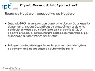 Proposta: Movendo da linha 2 para a linha 3


      Regra de Negócio – perspectiva de Negócio


      • Segundo BRG1, é um guia que possui uma obrigação a respeito
        da conduta, execução, práticas ou procedimentos de uma
        particular atividade ou esfera (processo específico) [2]. O
        objetivo principal é determinar processos desempenhados por
        humanos e automatizados por sistemas.


      • Pela perspectiva do Negócio, as RN possuem a motivação e
        podem ser foco no processo de automação por TI.




1   Business Rule Group
 