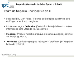 Proposta: Movendo da linha 2 para a linha 3


      Regra de Negócio – perspectiva de TI


      • Segundo BRG1, RN Persp. TI é uma declaração que limita, que
        restringe aspectos do negócio.

      • Podem ser regras Derivadas (Derivation Rules) definem como a
        informação será utilizada (ie. Desconto);

      • Processos (Process Rules) regras que afetam o processo, gatilhos
        (ie. Mal pagador) e;

      •    Restrições (Constrains) regras, restrições – premissas (ie. Respeitar
          limite de crédito);



1   Business Rule Group
 