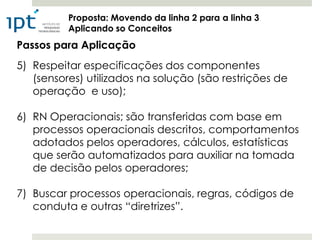 Proposta: Movendo da linha 2 para a linha 3
          Aplicando so Conceitos
Passos para Aplicação
5) Respeitar especificações dos componentes
   (sensores) utilizados na solução (são restrições de
   operação e uso);

6) RN Operacionais; são transferidas com base em
   processos operacionais descritos, comportamentos
   adotados pelos operadores, cálculos, estatísticas
   que serão automatizados para auxiliar na tomada
   de decisão pelos operadores;

7) Buscar processos operacionais, regras, códigos de
   conduta e outras “diretrizes”.
 