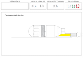 Place assembly in the pipe
PCT/AU2012/000326
C43 Starter Cap Kit Add on no: 1 (Starter Kit) Add on no: 2 (24º Front Nozzle) Add on no: 3 (Rings)
30º
30º
100 MM 150 MM 225 MM
24º
 