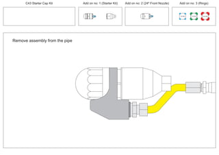 Remove assembly from the pipe
PCT/AU2012/000326PCT/AU2012/000326
C43 Starter Cap Kit Add on no: 1 (Starter Kit) Add on no: 2 (24º Front Nozzle) Add on no: 3 (Rings)
30º
30º
100 MM 150 MM 225 MM
24º
 