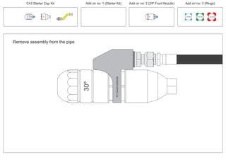 C43 Starter Cap Kit Add on no: 1 (Starter Kit) Add on no: 2 (24º Front Nozzle) Add on no: 3 (Rings)
100 MM 150 MM 225 MM
30º
24º
Remove assembly from the pipe
PCT/AU2012/000326
30º
PCT/AU2012/000326PCT/AU2012/000326
 
