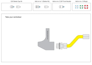 PCT/AU2012/000326PCT/AU2012/000326
Take your centraliser
C43 Starter Cap Kit Add on no: 1 (Starter Kit) Add on no: 2 (24º Front Nozzle) Add on no: 3 (Rings)
30º
30º
100 MM 150 MM 225 MM
30º
24º
 