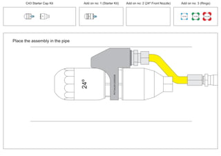 24º
PCT/AU2012/000326PCT/AU2012/000326
Place the assembly in the pipe
C43 Starter Cap Kit Add on no: 1 (Starter Kit) Add on no: 2 (24º Front Nozzle) Add on no: 3 (Rings)
30º
30º
100 MM 150 MM 225 MM
 