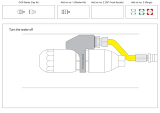 24º
PCT/AU2012/000326PCT/AU2012/000326
Turn the water off
C43 Starter Cap Kit Add on no: 1 (Starter Kit) Add on no: 2 (24º Front Nozzle) Add on no: 3 (Rings)
30º
30º
100 MM 150 MM 225 MM
 