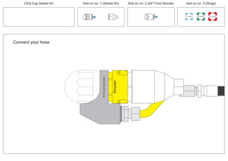 Connect your hose
PCT/AU2012/000326
thruster
PCT/AU2012/000326
100 MM 150 MM 225 MM
30º
24º
30º
C43t Cap Starter Kit Add on no: 3 (Rings)Add on no: 2 (24º Front Nozzle)Add on no: 1 (Starter Kit)
 
