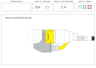Remove assembly from the pipe
PCT/AU2012/000326
thruster
PCT/AU2012/000326
100 MM 150 MM 225 MM
30º
24º
30º
C43t Cap Starter Kit Add on no: 3 (Rings)Add on no: 2 (24º Front Nozzle)Add on no: 1 (Starter Kit)
 