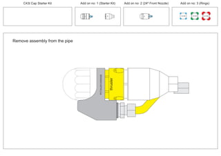 Remove assembly from the pipe
PCT/AU2012/000326
thruster
PCT/AU2012/000326
100 MM 150 MM 225 MM
30º
24º
30º
C43t Cap Starter Kit Add on no: 3 (Rings)Add on no: 2 (24º Front Nozzle)Add on no: 1 (Starter Kit)
 
