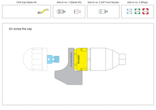 PCT/AU2012/000326
thruster
PCT/AU2012/000326
100 MM 150 MM 225 MM
30º
24º
30º
Un screw the cap
C43t Cap Starter Kit Add on no: 3 (Rings)Add on no: 2 (24º Front Nozzle)Add on no: 1 (Starter Kit)
 