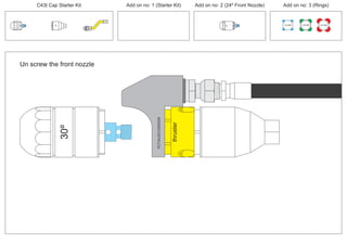 100 MM 150 MM 225 MM
30º
24º
Un screw the front nozzle
PCT/AU2012/000326PCT/AU2012/000326
thruster
30º
C43t Cap Starter Kit Add on no: 3 (Rings)Add on no: 2 (24º Front Nozzle)Add on no: 1 (Starter Kit)
 