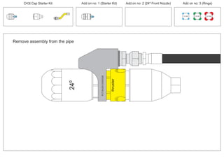 100 MM 150 MM 225 MM
30º
30º
Remove assembly from the pipe
24º
PCT/AU2012/000326PCT/AU2012/000326
thruster
C43t Cap Starter Kit Add on no: 3 (Rings)Add on no: 2 (24º Front Nozzle)Add on no: 1 (Starter Kit)
 