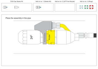 100 MM 150 MM 225 MM
30º
30º
Place the assembly in the pipe
24º
PCT/AU2012/000326PCT/AU2012/000326
thruster
C43t Cap Starter Kit Add on no: 3 (Rings)Add on no: 2 (24º Front Nozzle)Add on no: 1 (Starter Kit)
 