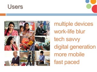 work-life blur
more mobile
tech savvy
multiple devices
digital generation
fast paced
Users
 