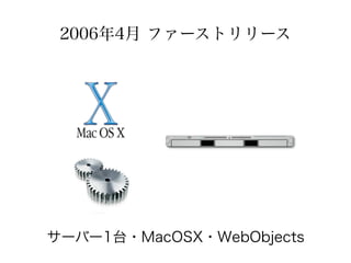 2006年4月 ファーストリリース




サーバー1台・MacOSX・WebObjects
 