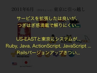 2011年6月                     東京に引っ越し
                       （半分ちょっと）



     サービスを拡張したは良いが、
     つぎはぎ感満載で解りにくい...


    US-EASTと東京にシステムが...
Ruby, Java, ActionScript, JavaScript ...
    Railsバージョンアップきつい...

      ap-northeast-1
 