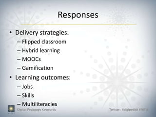 Responses
• Delivery strategies:
  – Flipped classroom
  – Hybrid learning
  – MOOCs
  – Gamification
• Learning outcomes:
  – Jobs
  – Skills
  – Multiliteracies
  Digital Pedagogy Keywords               Twitter: #digipedkit #NITLE
 