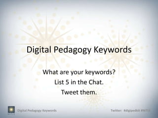 Digital Pedagogy Keywords

                What are your keywords?
                   List 5 in the Chat.
                      Tweet them.

Digital Pedagogy Keywords            Twitter: #digipedkit #NITLE
 