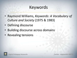 Keywords
• Raymond Williams, Keywords: A Vocabulary of
  Culture and Society (1975 & 1983)
• Defining discourse
• Building discourse across domains
• Revealing tensions




  Digital Pedagogy Keywords              Twitter: #digipedkit #NITLE
 