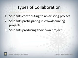 Types of Collaboration
1. Students contributing to an existing project
2. Students participating in crowdsourcing
   projects
3. Students producing their own project




  Digital Pedagogy Keywords        Twitter: #digipedkit #NITLE
 