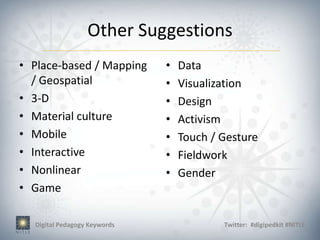 Other Suggestions
• Place-based / Mapping       •   Data
  / Geospatial                •   Visualization
• 3-D                         •   Design
• Material culture            •   Activism
• Mobile                      •   Touch / Gesture
• Interactive                 •   Fieldwork
• Nonlinear                   •   Gender
• Game

  Digital Pedagogy Keywords               Twitter: #digipedkit #NITLE
 
