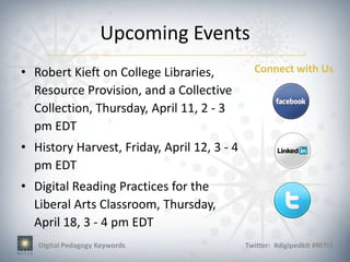 Upcoming Events
• Robert Kieft on College Libraries,           Connect with Us
  Resource Provision, and a Collective
  Collection, Thursday, April 11, 2 - 3
  pm EDT
• History Harvest, Friday, April 12, 3 - 4
  pm EDT
• Digital Reading Practices for the
  Liberal Arts Classroom, Thursday,
  April 18, 3 - 4 pm EDT
   Digital Pedagogy Keywords                 Twitter: #digipedkit #NITLE
 