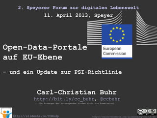 Internationales Symposium
"Open Data - Ergänzung oder Einschränkung der Informationsfreiheit?"
27. Mai 2013, Potsdam
Open-Data-Politik
der EU-Kommission
(Die Aussagen des Vortragenden binden nicht die Kommission)
http://slidesha.re/COModp
Carl-Christian Buhr
http://bit.ly/cc_buhr, @ccbuhr
http://creativecommons.org/licenses/by-nc/3.0/de/
 