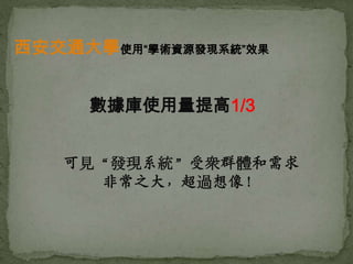 西安交通大學使用“學術資源發現系統”效果


     數據庫使用量提高1/3


   可見“發現系統”受衆群體和需求
     非常之大，超過想像！
 