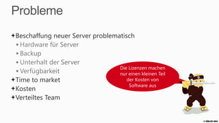 Probleme
Beschaffung neuer Server problematisch



                                 Die Lizenzen machen
                                 nur einen kleinen Teil
Time to market                      der Kosten von
                                     Software aus
Kosten
Verteiltes Team


                                                          © Zühlke 2013
 
