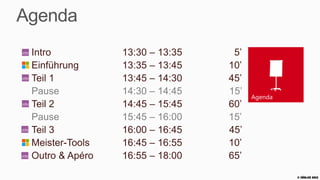 Agenda
 Intro           13:30 – 13:35    5’
 Einführung      13:35 – 13:45   10’
 Teil 1          13:45 – 14:30   45’
 Pause           14:30 – 14:45   15’
                                       Agenda
 Teil 2          14:45 – 15:45   60’
 Pause           15:45 – 16:00   15’
 Teil 3          16:00 – 16:45   45’
 Meister-Tools   16:45 – 16:55   10’
 Outro & Apéro   16:55 – 18:00   65’

                                                © Zühlke 2013
 