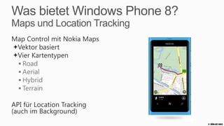 Was bietet Windows Phone 8?
Sprache
 Sprache Kommandos
 Sprache Erkennung
 Text-To-Speech API (Vorlesen)




                                 © Zühlke 2013
 